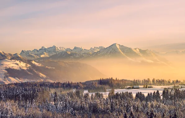 Картинка зима, лес, небо, солнце, снег, горы, природа, туман