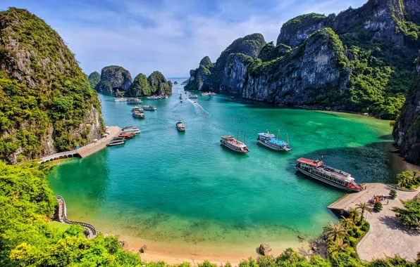 Beach, sea, ocean, sand, Vietnam, ship, boat, bay