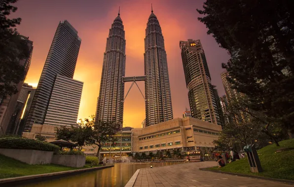 Город, вечер, башни, Малайзия, Куала-Лумпур