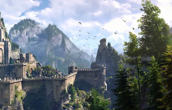 Картинка небо, деревья, горы, обои, игра, RPG, The Witcher 3: Wild Hunt, Ведьмак 3: Дикая Охота
