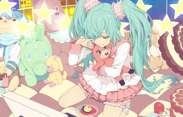 Игрушки, слезы, сладости, ноутбук, vocaloid, сидит, Hatsune Miku, звездочки