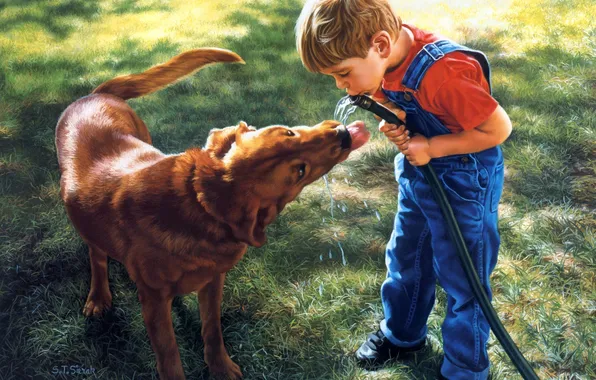 Картинка собака, мальчик, арт, шланг, S Thomas Sierak