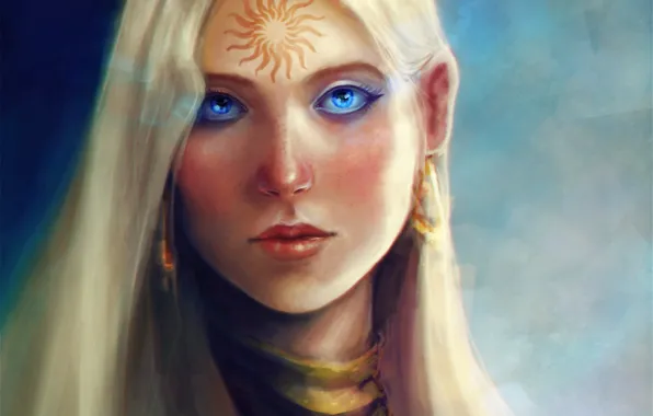 Картинка девушка, солнце, лицо, узор, арт, татуировка, Dragon Age