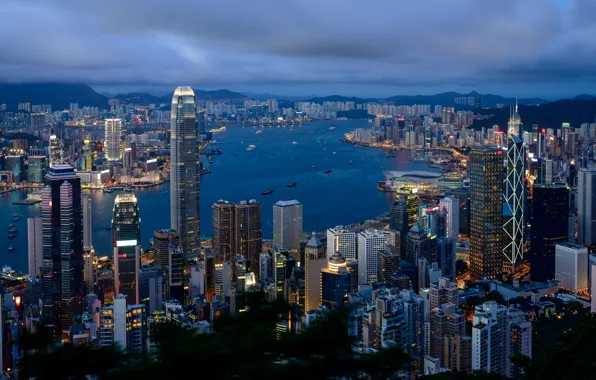 Город, Гонконг, утро, Hong Kong, облачно