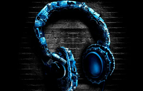 Синий, фон, стена, наушники, headphones, стерео
