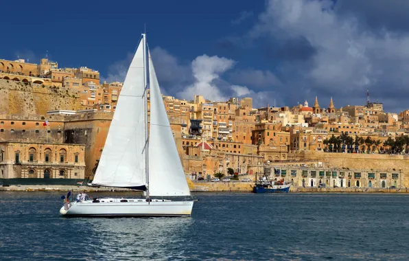 Картинка море, город, фото, дома, парусник, яхта, Мальта