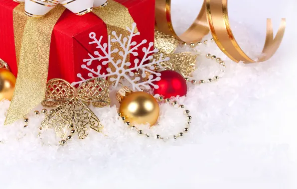 Картинка снег, украшения, праздник, шары, новый год, лента, подарки, new year