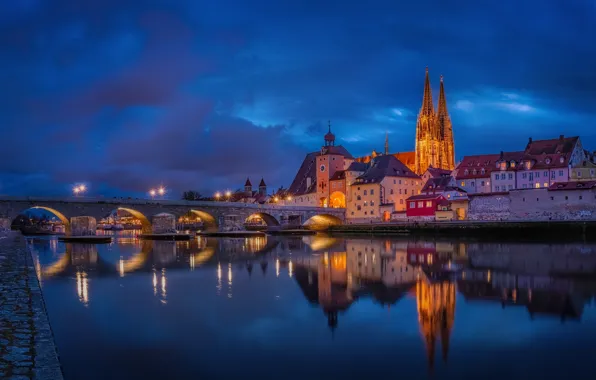 Картинка мост, река, здания, дома, Германия, ночной город, набережная, Germany