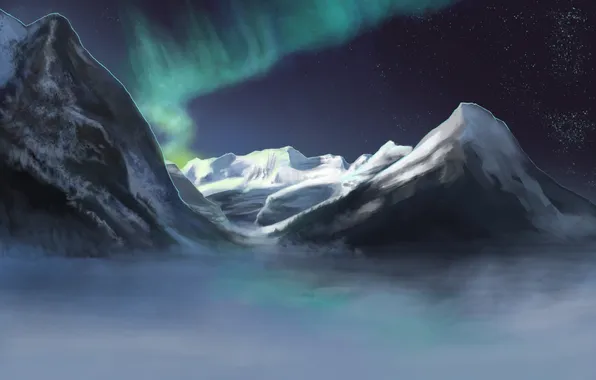 Картинка зима, снег, горы, рисунок, арт, Полярное сияние, Aurora Borealis, Aurora Australis