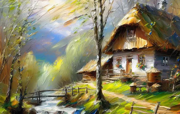 Крыша, зелень, небо, трава, листья, вода, свет, деревья