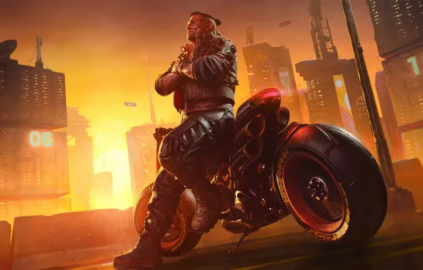 Картинка bike, sunset, Cyberpunk 2077, mercenary, Night City, Jackie Wells