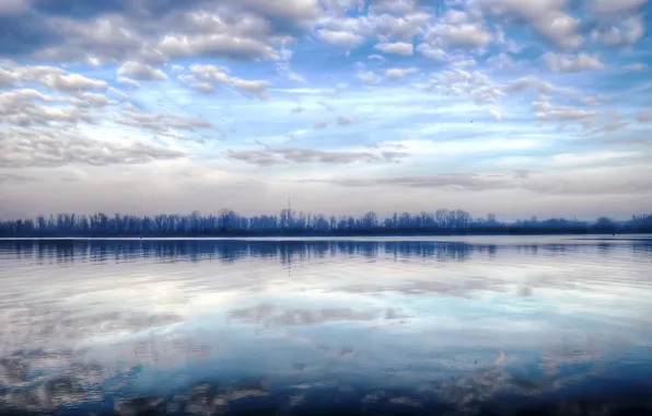 Картинка лес, озеро, отражение, утро, зимнее