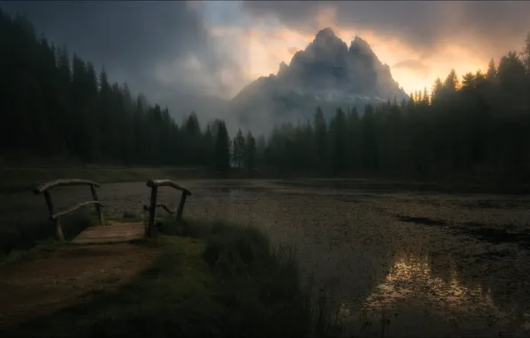 Пейзаж, природа, озеро, красота, вечер, Nature, мостик, landscape