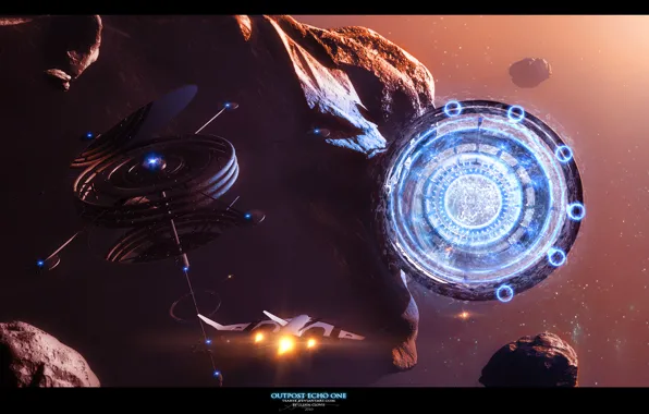 Космос, звёзды, астероид, Outpost Echo One, Wip Omega Station