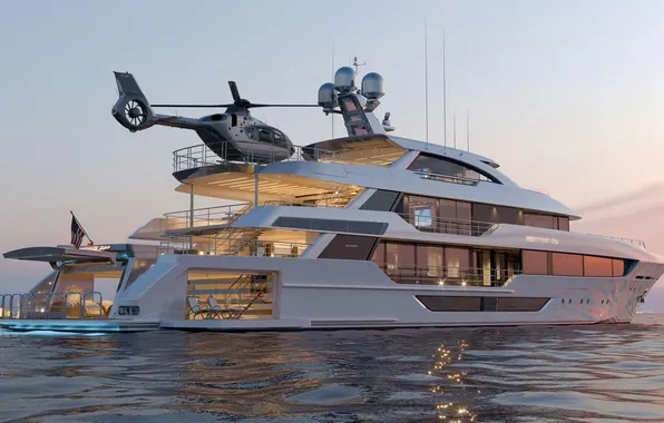 Море, освещение, superyacht, суперяхта, Западный порт 52M, профиль W172, трехпалубная моторная яхта, вертолетная площадка