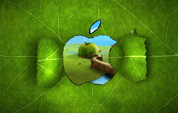 Картинка зелень, гусеница, лист, дом, apple, яблоко, окно, канаты