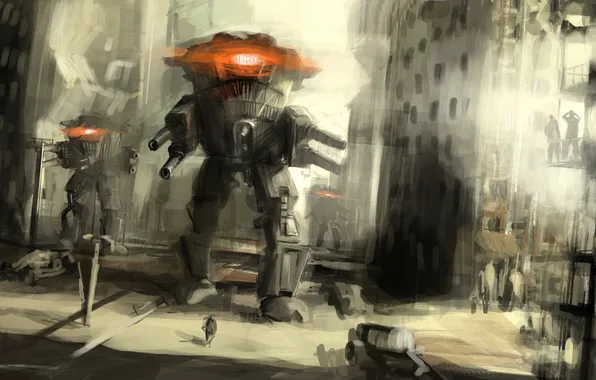 Картинка город, оружие, фон, люди, фантастика, обои, рисунок, роботы