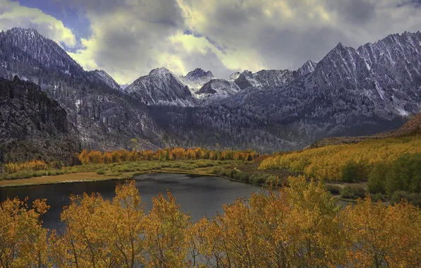 Картинка осень, лес, пейзаж, горы, озеро, Природа