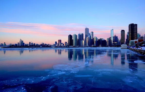 Картинка зима, город, река, лёд, небоскребы, вечер, Чикаго, Иллиноис