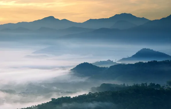 Картинка облака, деревья, закат, туман, Горы, Тайвань, леса, Taiwan