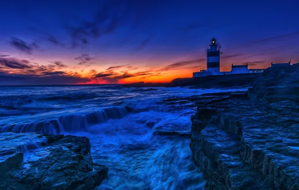 Море, закат, побережье, маяк, Ирландия, Ireland, Celtic Sea, County Wexford
