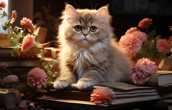 Кошка, взгляд, свет, цветы, поза, темный фон, котенок, стол