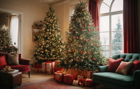 Картинка украшения, комната, елка, интерьер, Рождество, подарки, Новый год, Christmas