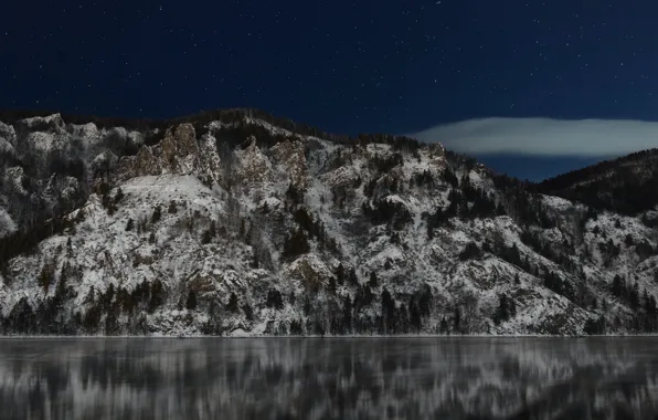 Clouds, Sky, Stars, Wood, Winter, Water, Mountain, Night