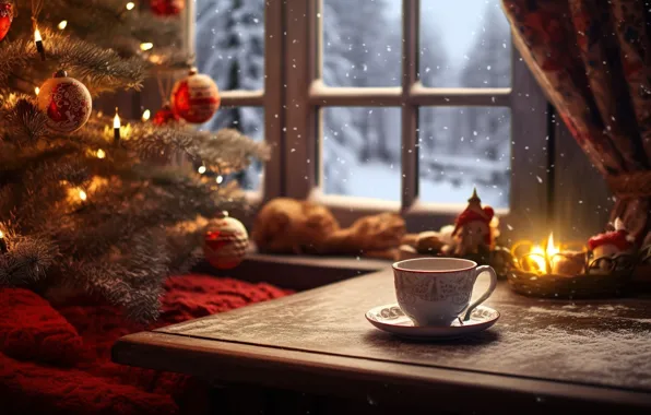 Зима, снег, снежинки, ночь, елка, свеча, Новый Год, окно