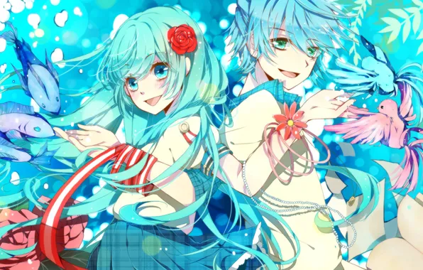 Девушка, рыбы, цветы, птицы, арт, парень, vocaloid, вокалоид