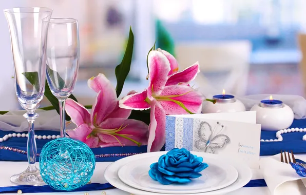 Картинка цветы, лилии, бокалы, тарелки, свадьба, flowers, glasses, plates