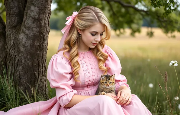 Поле, кошка, лето, трава, девушка, поза, поляна, блондинка