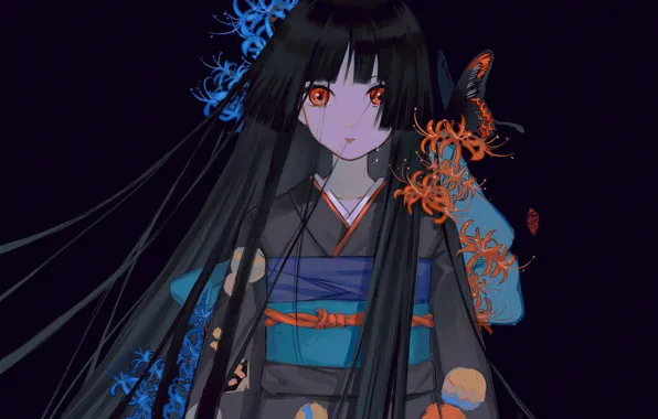 Девушка, кимоно, Enma Ai, Jigoku Shoujo, бабочкa, ликорисы