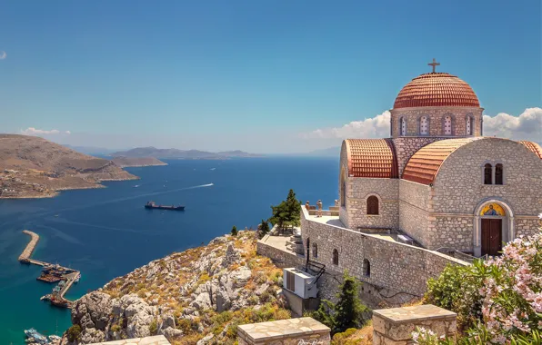 Картинка море, скала, корабль, Греция, монастырь, Greece, Эгейское море, Aegean Sea