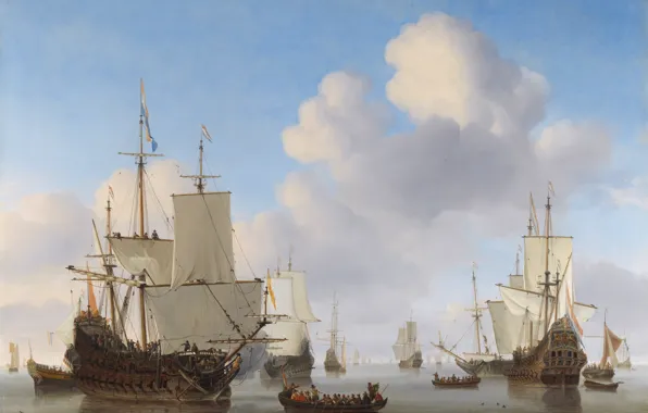 Море, вода, облака, корабли, лодки, паруса, штиль, флаги