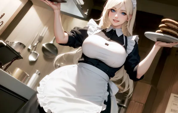 Картинка dress, blue eyes, women, blonde, realistic, smiling, maid, kitchen