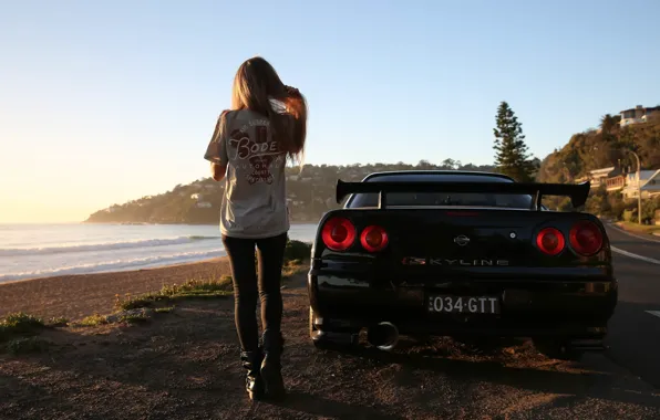 Картинка girl, beach, road, sky, nature, sunset, Nissan Skyline, women