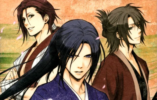 Взгляд, лепестки, самураи, демоны бледной сакуры, hakuouki shinsengumi kitan, три парня, hijikata toshizou, okita souji