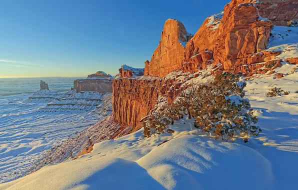 Зима, снег, горы, скалы, каньон, Юта, США, Canyonlands National Park