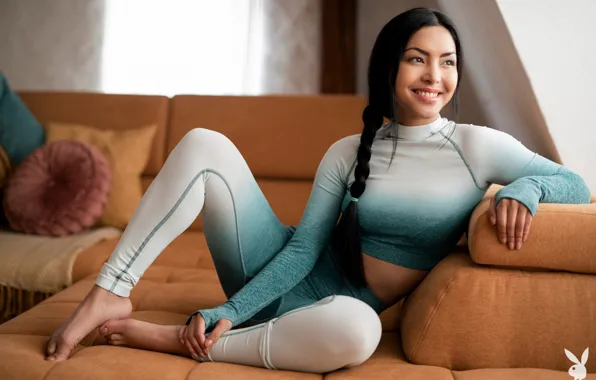 Playboy, Model, Smile, Chloe, Pigtail, On The Couch, Gym Clothes