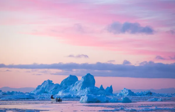 Twilight, mountains, evening, dusk, boat, fisherman, iceberg, ice floes