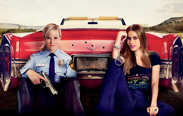 Картинка пистолет, девушки, тачка, форма, красная, наручники, Hot Pursuit, полицейская