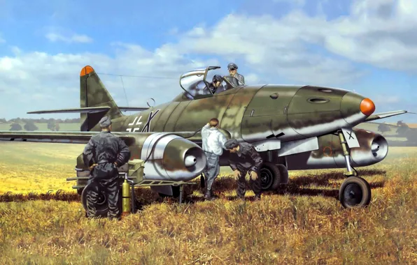 Картинка war, art, airplane, painting, aviation, jet, ww2, Messerschmitt Me 262