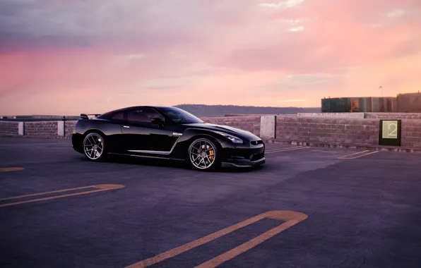 GTR, Nissan, Car, Wall, Front, Black, Sunset, Tuning