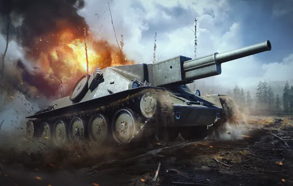 Взрыв, огонь, танк, стволы деревьев, War Thunder