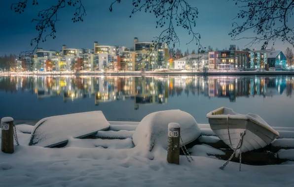 Картинка зима, огни, река, лодки, вечер, Финляндия, Finland