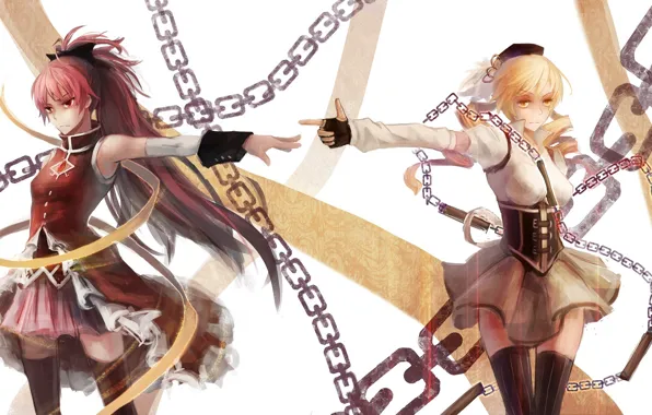 Взгляд, девушки, настрой, цепи, art, mahou shoujo madoka magica, tomoe mami, sakura kyouko