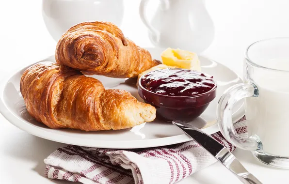 Картинка завтрак, сливки, cup, джем, круассаны, croissant, breakfast, milk