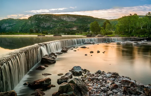 Картинка деревья, горы, река, камни, водопад