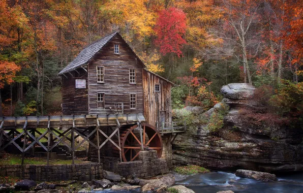 Картинка осень, река, США, штат, Октябрь, Западная Виргиния, водяная мельеица